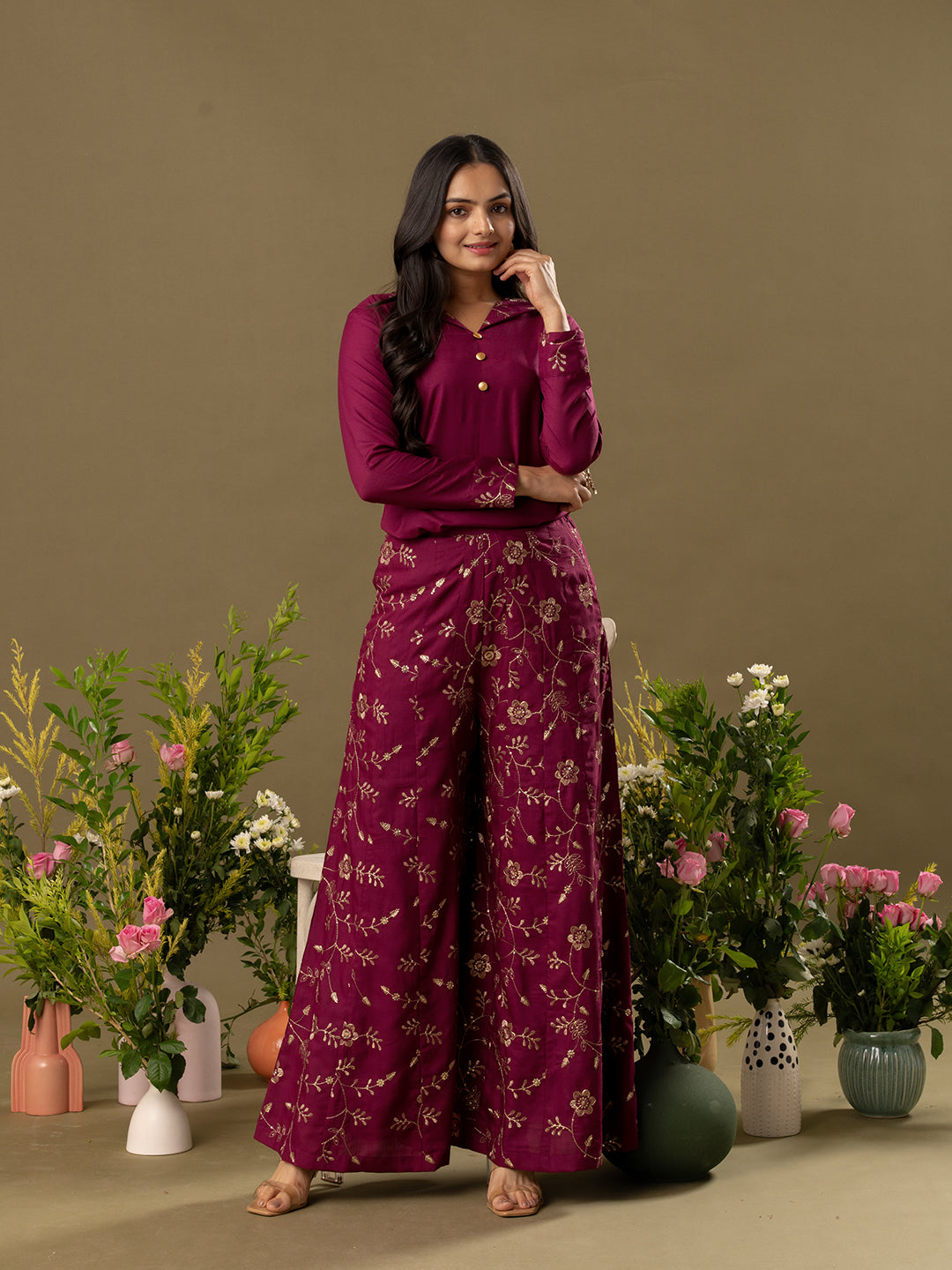 Embroidered Shirt Collar Top And Trouser