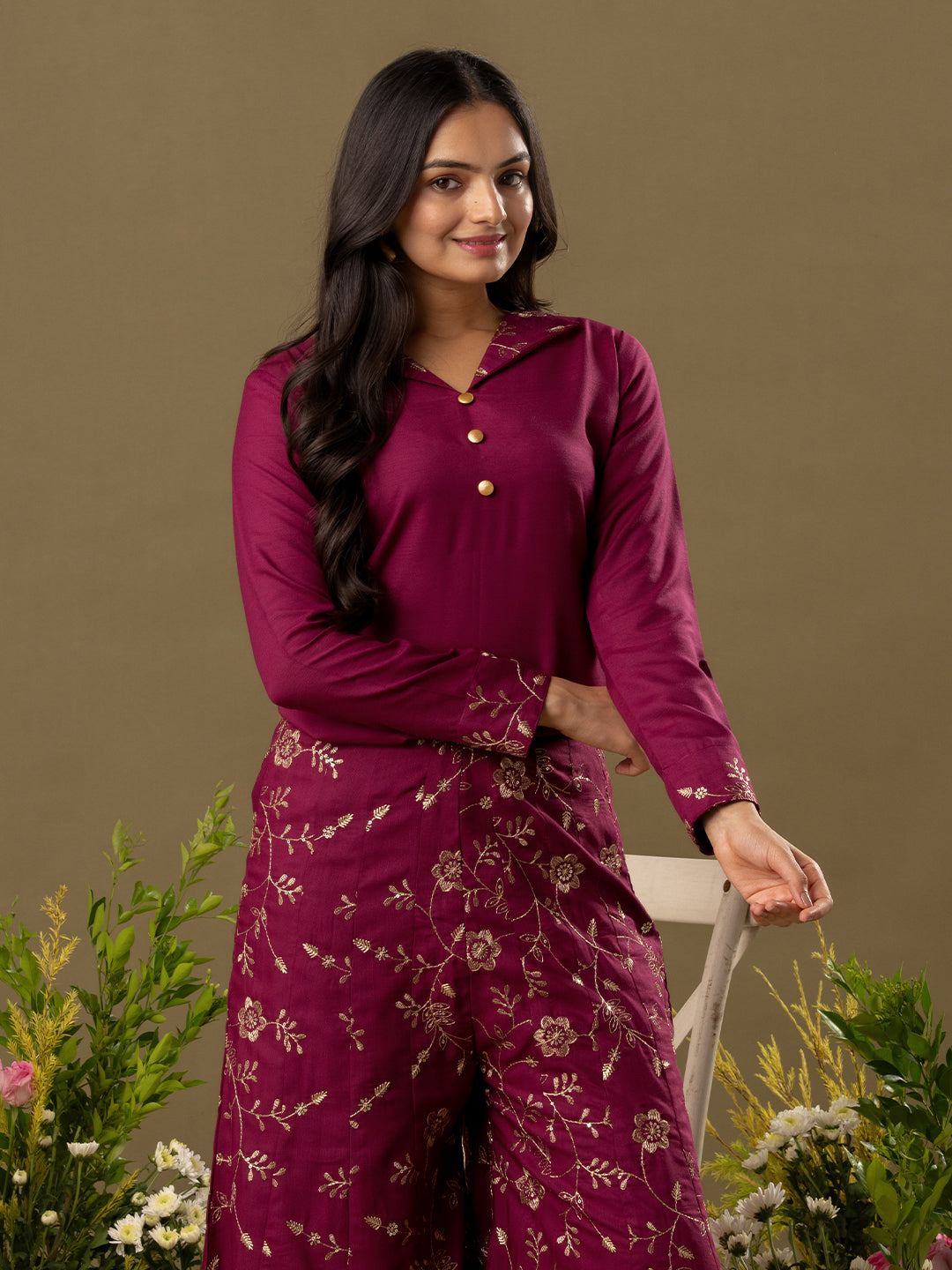 Embroidered Shirt Collar Top And Trouser