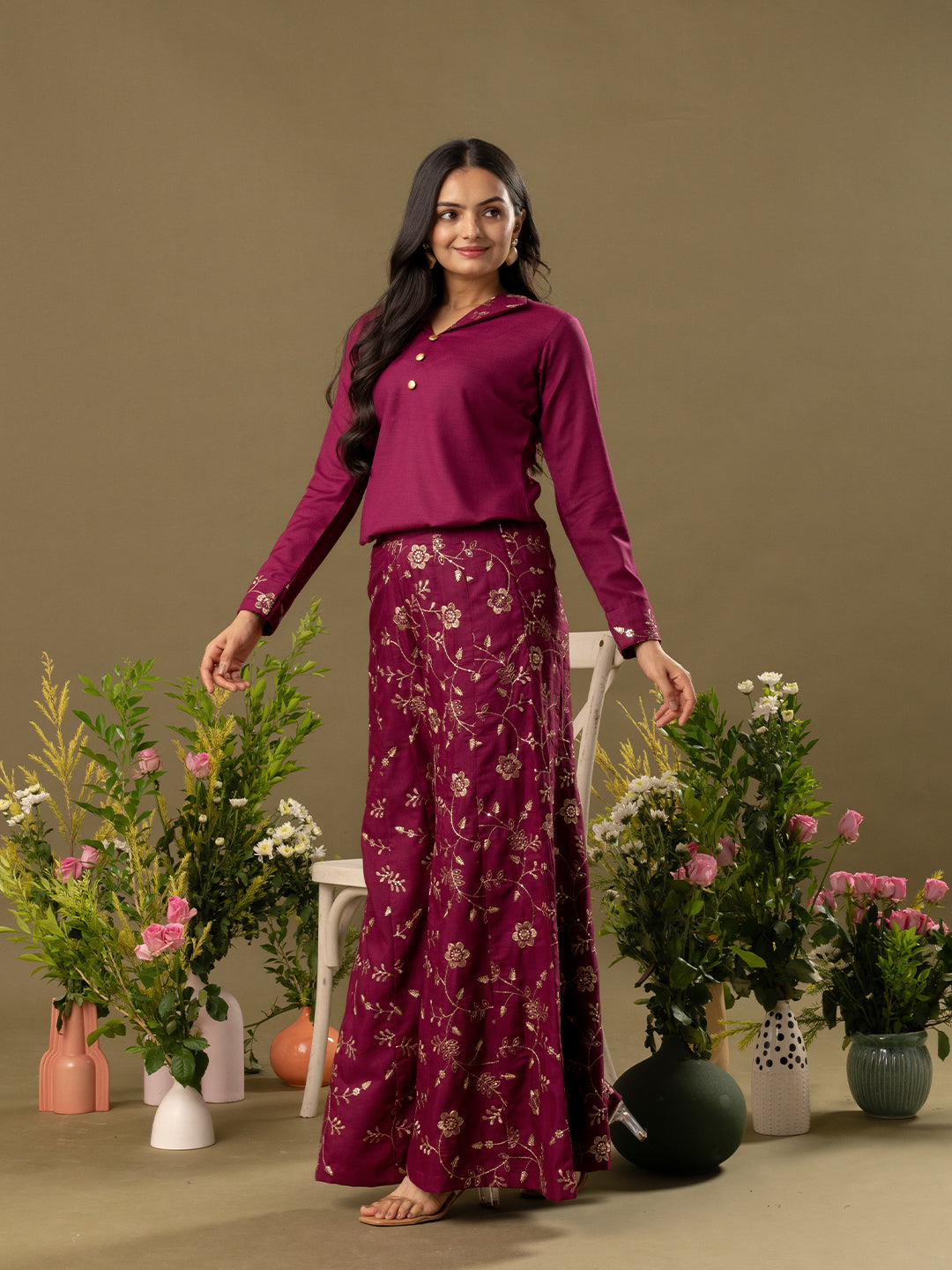 Embroidered Shirt Collar Top And Trouser