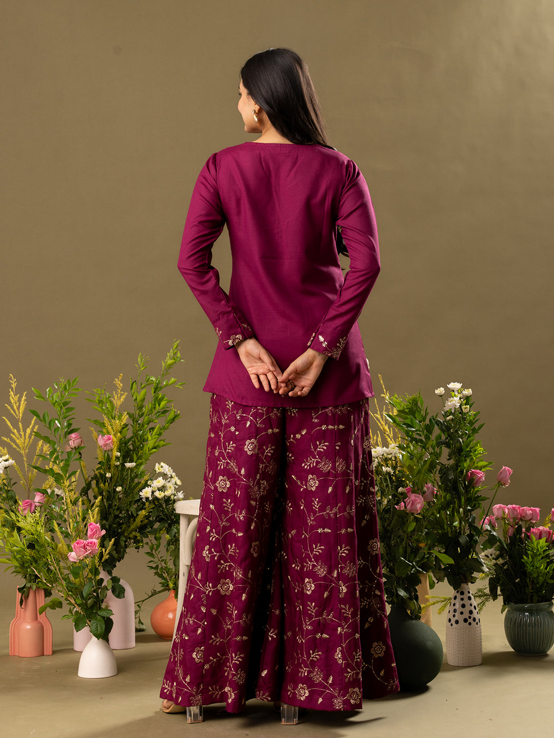 Embroidered Shirt Collar Top And Trouser