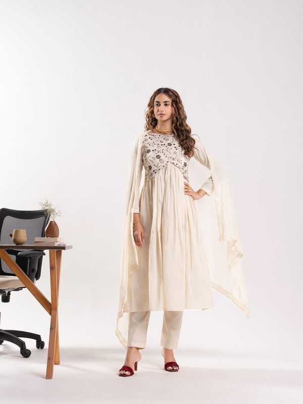 Women Floral Embroidered Anarkali Kurta with Trousers & Dupatta