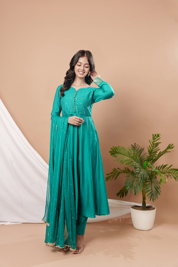 Weavllite Green Silk Blend Embroidered Kurta Set