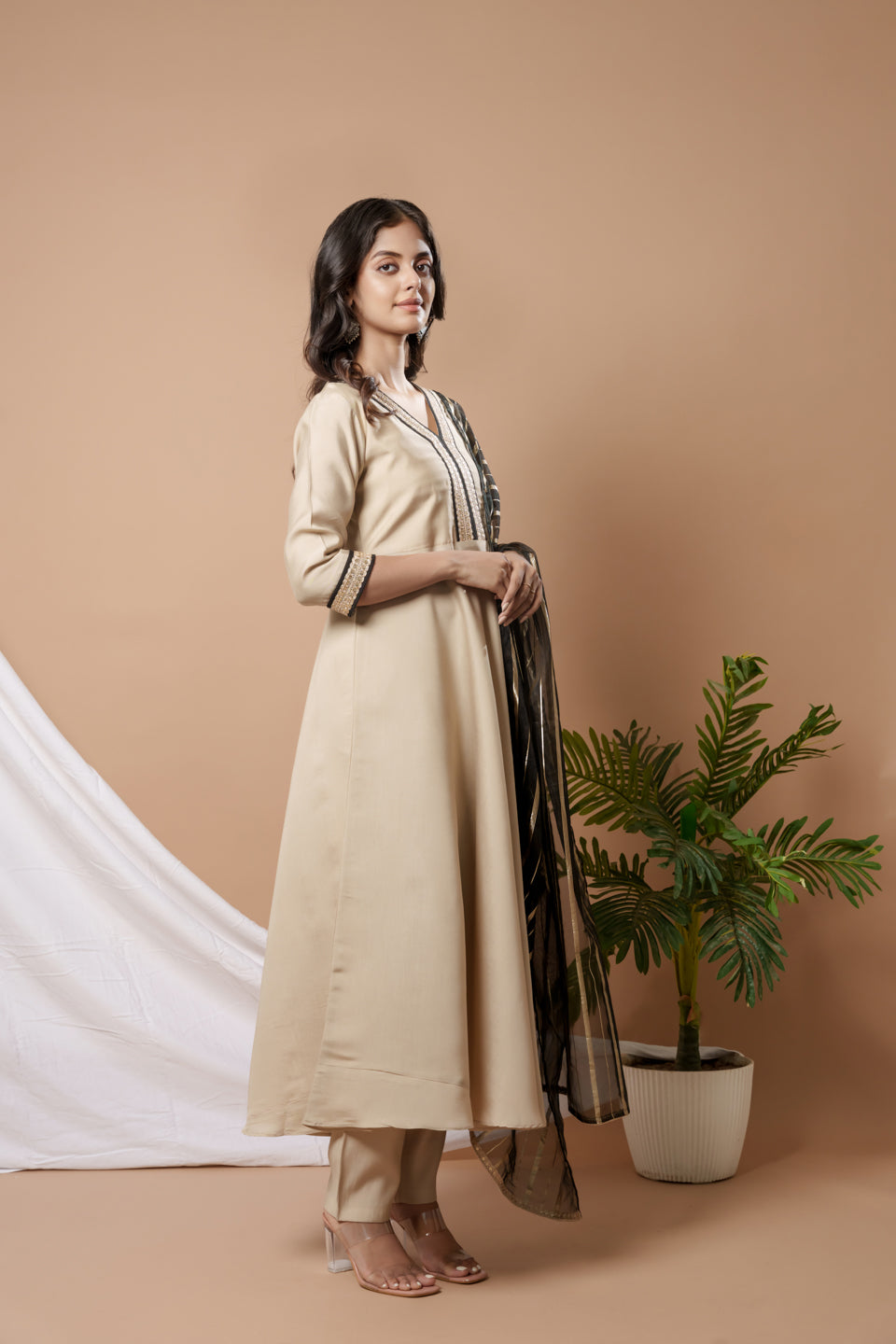 Weavllite Cream Cotton Solid Kurta Set