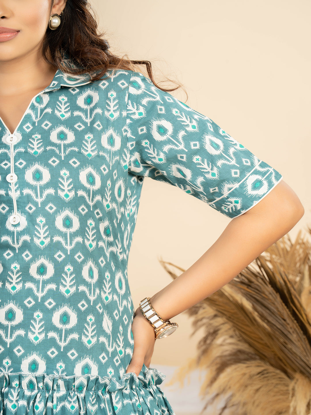Weavllite Womens Teal Green Pure Cotton Cambric Ikat Print Tunic