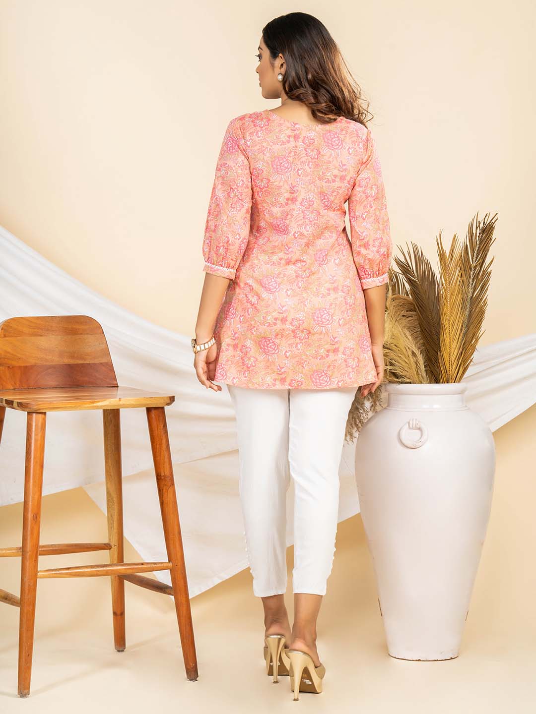 Weavllite Women's Peach Pure Cambric Cotton Printed Tunic
