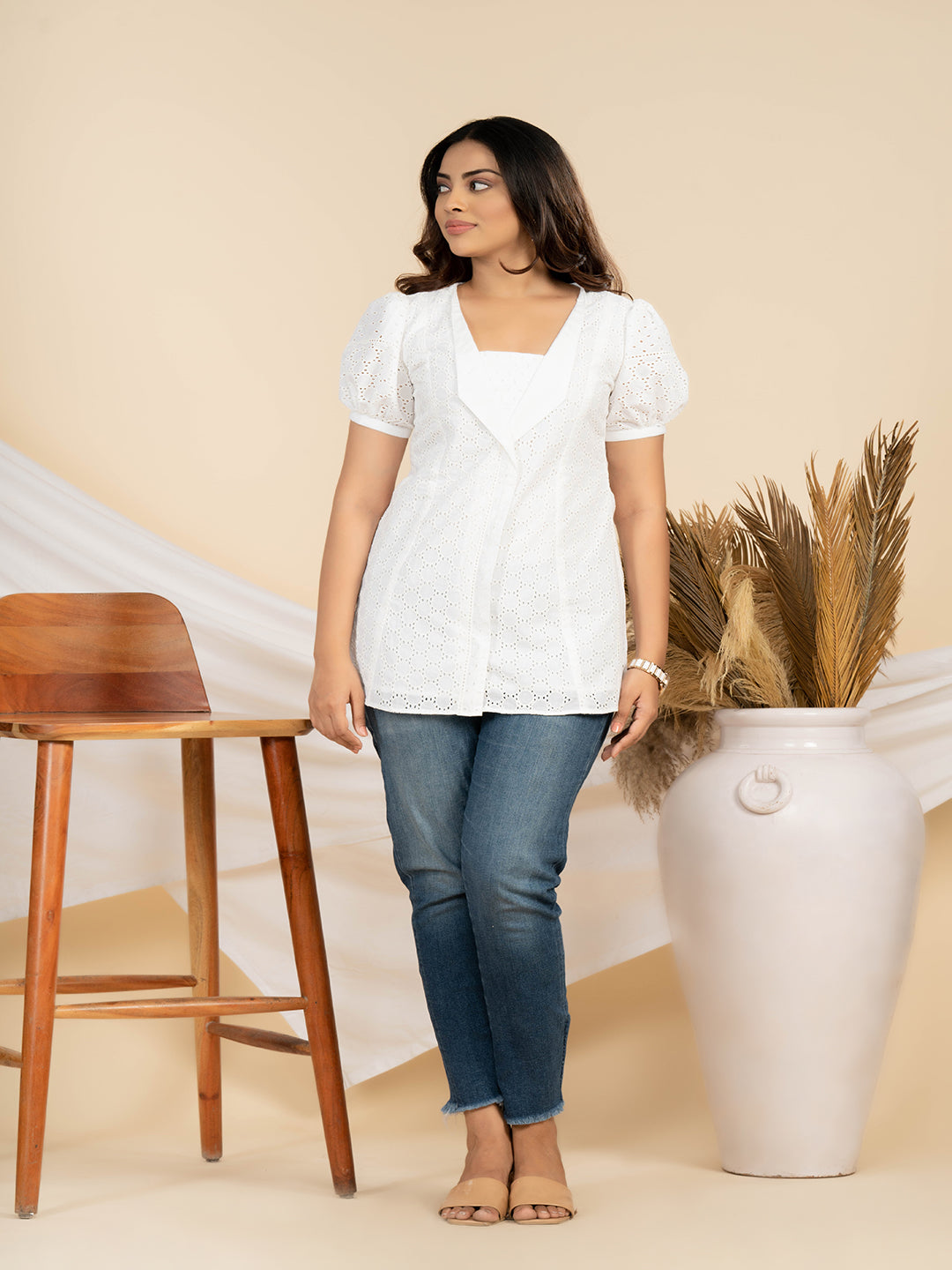 Weavllite Women's White Pure Cotton Schiffli  Embroidered Tunic