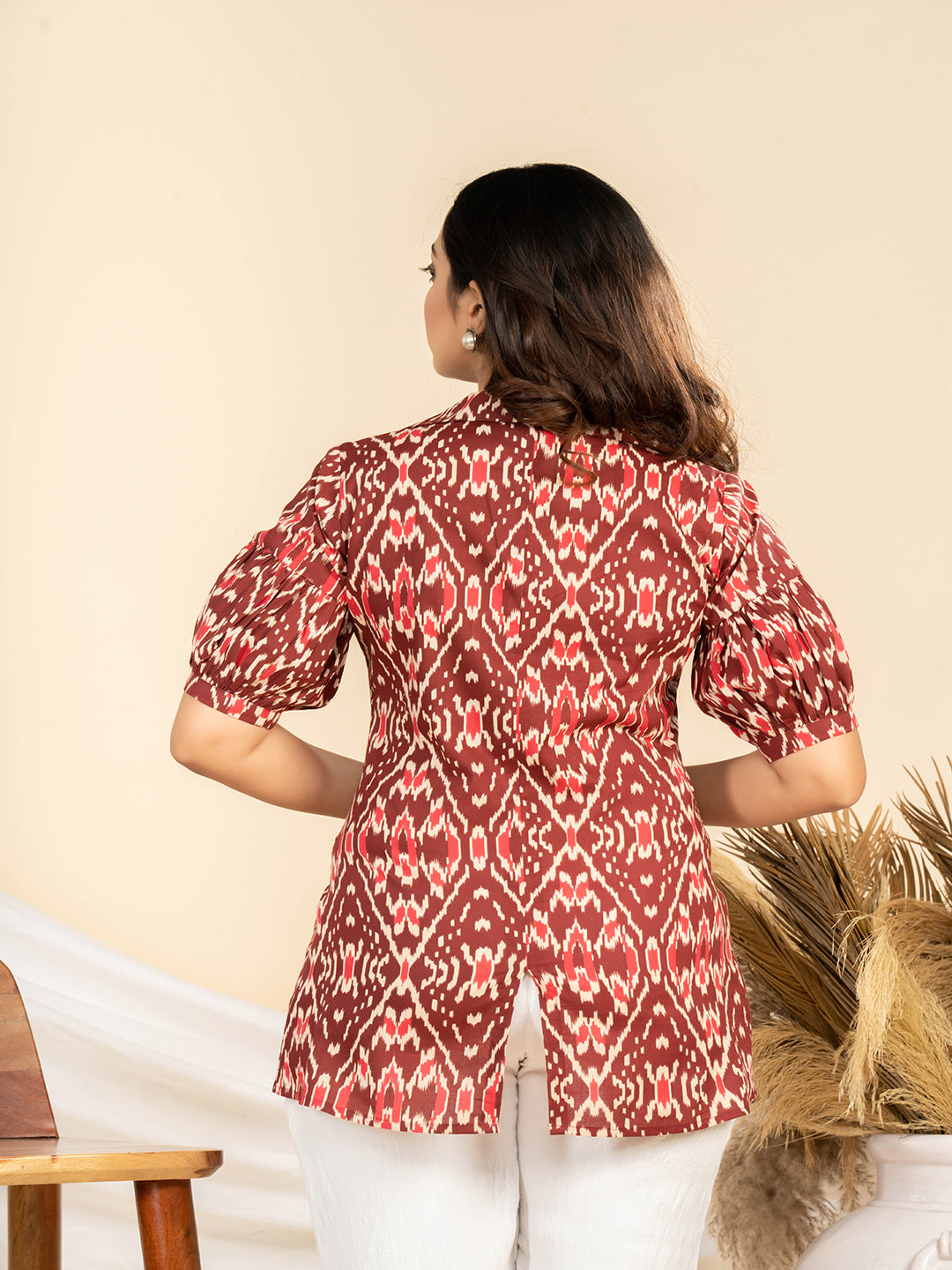 Weavllite Women's Maroon Pure Cambric Cotton Ikat Print Tunic