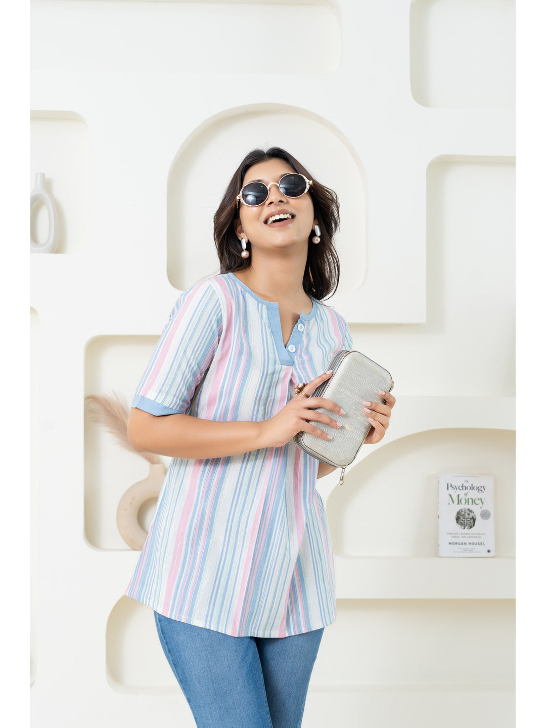 Weavllite Multi-Color Viscose Blend Stripe Print Tunic