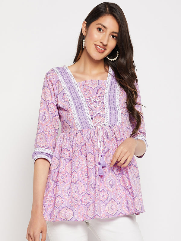 Lavender Pure Cotton Cambric Block Flared Tunic