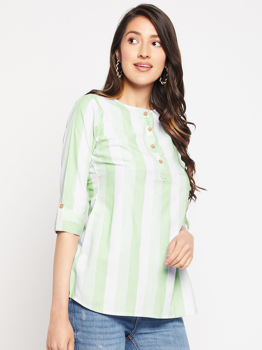 Green Rayon Stripes Printed A-line Tunic