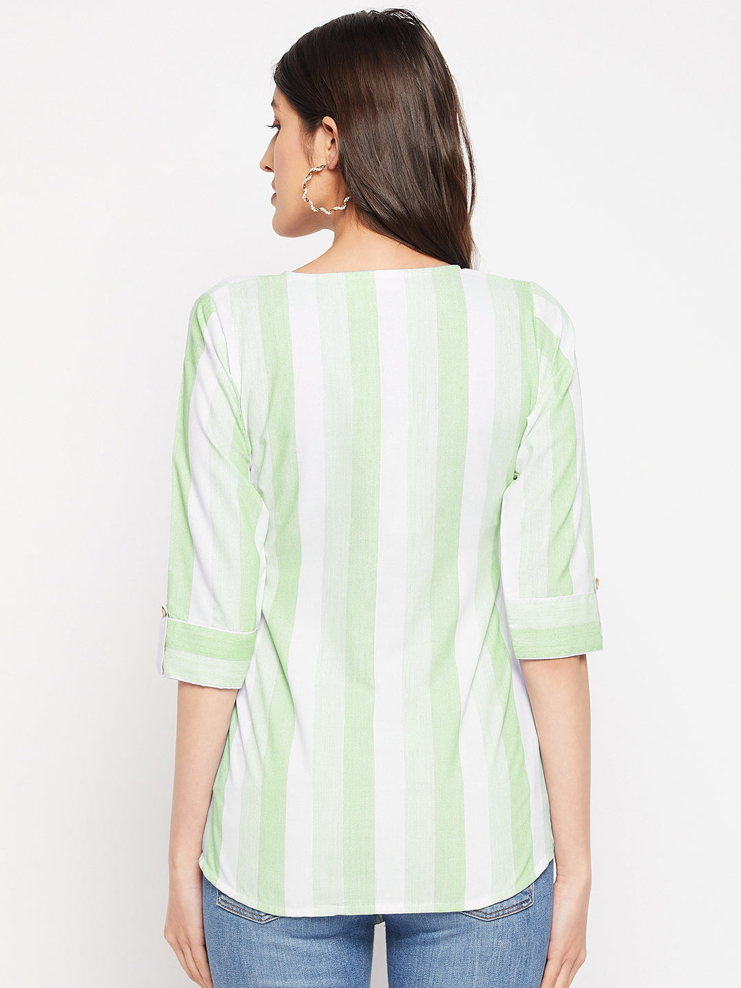 Green Rayon Stripes Printed A-line Tunic