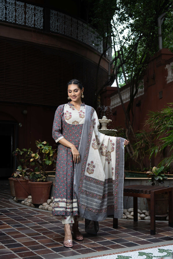 Grey Pure Cotton Block printed Kurta Set