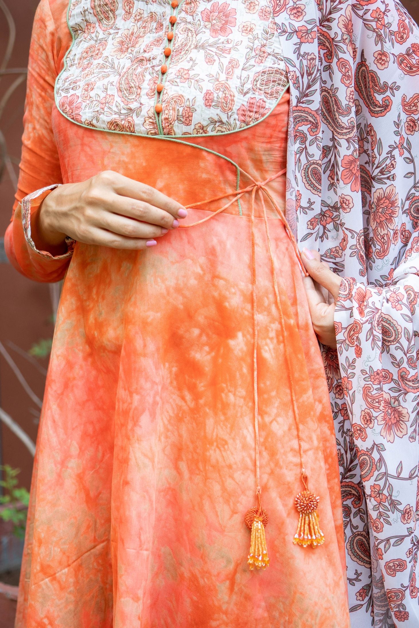 Orange Silk Blend Abstract Kurta Set