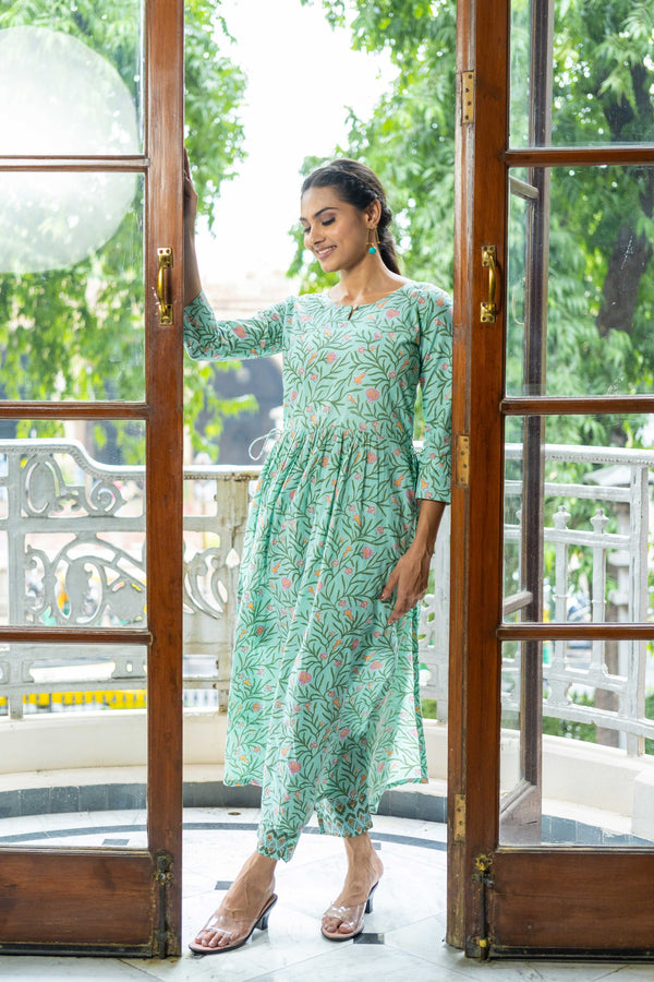 Green Pure Cotton Block printed Kurta set