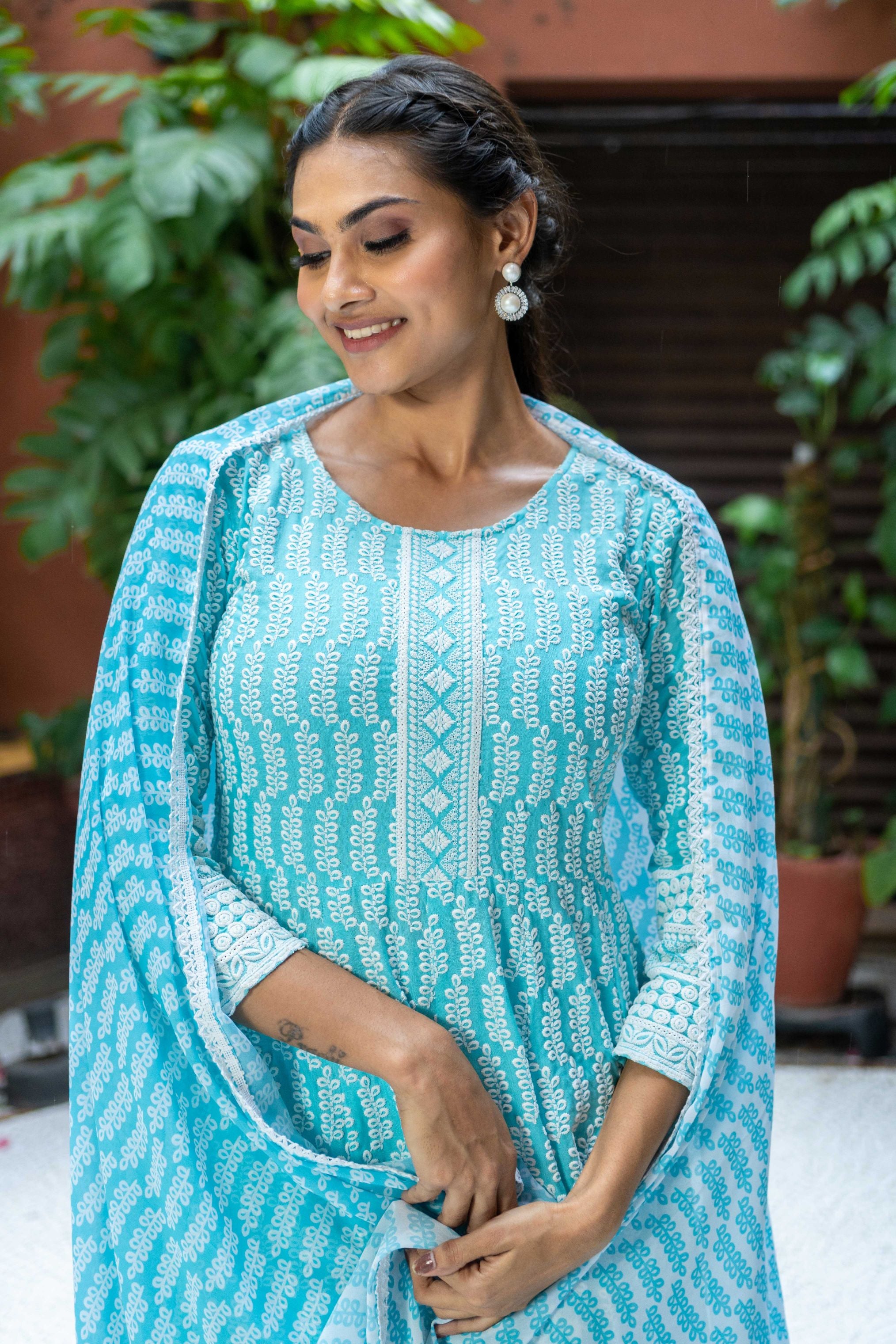 Blue Viscose rayon Schiffli Embroidery Kurta set