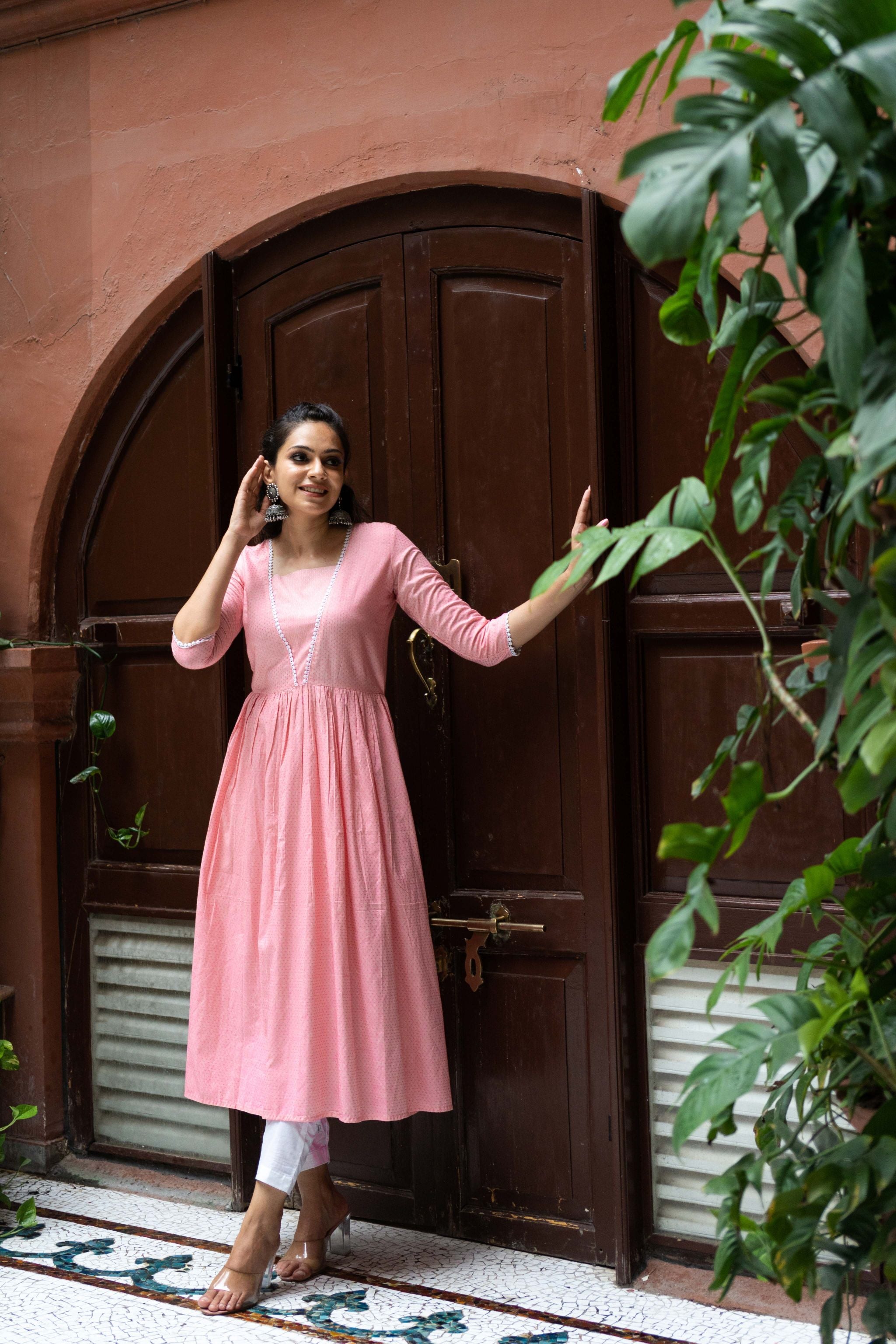 Pink Viscose Woven Buti design Kurta