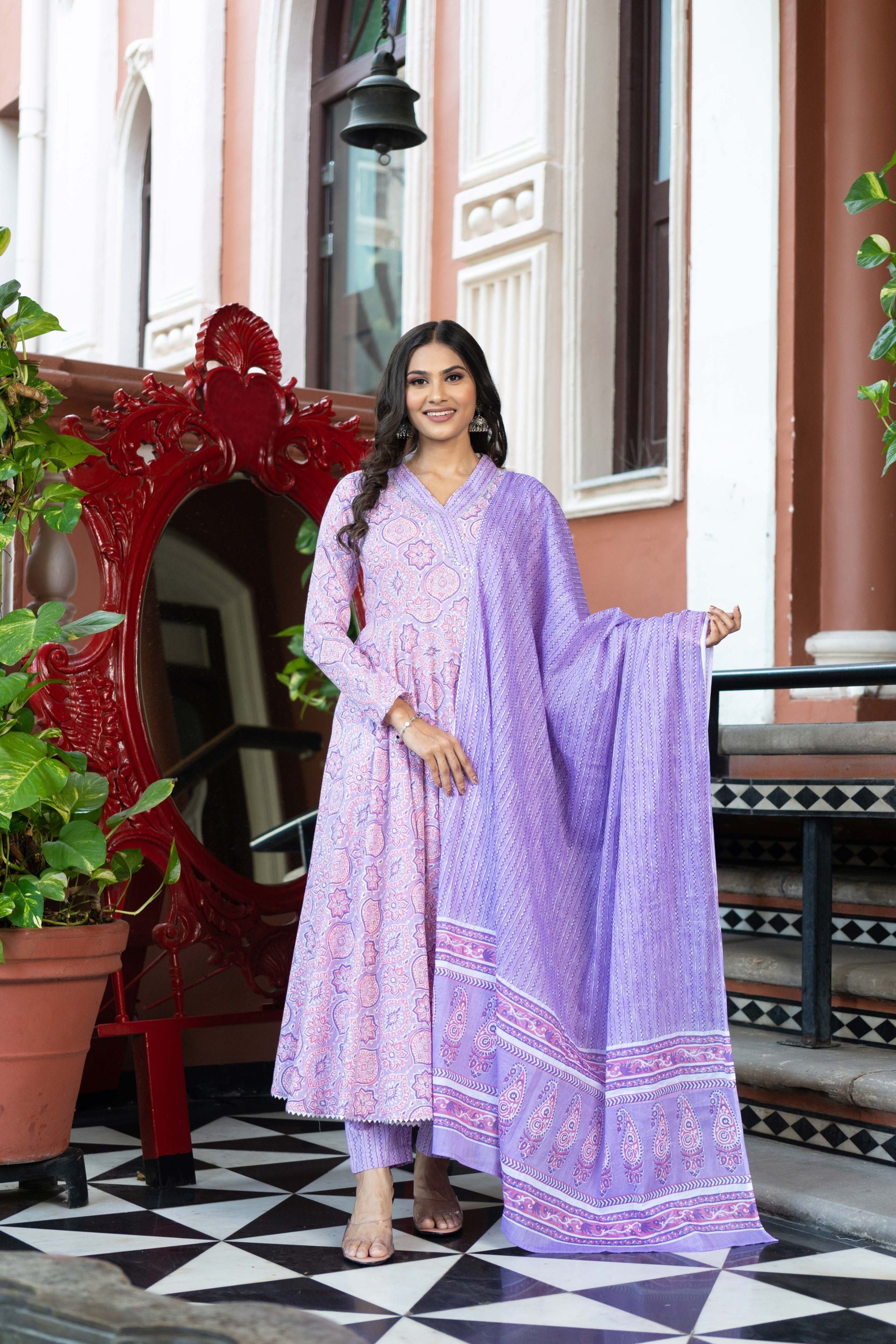 Lavender Pure Cotton Block printed Kurta set