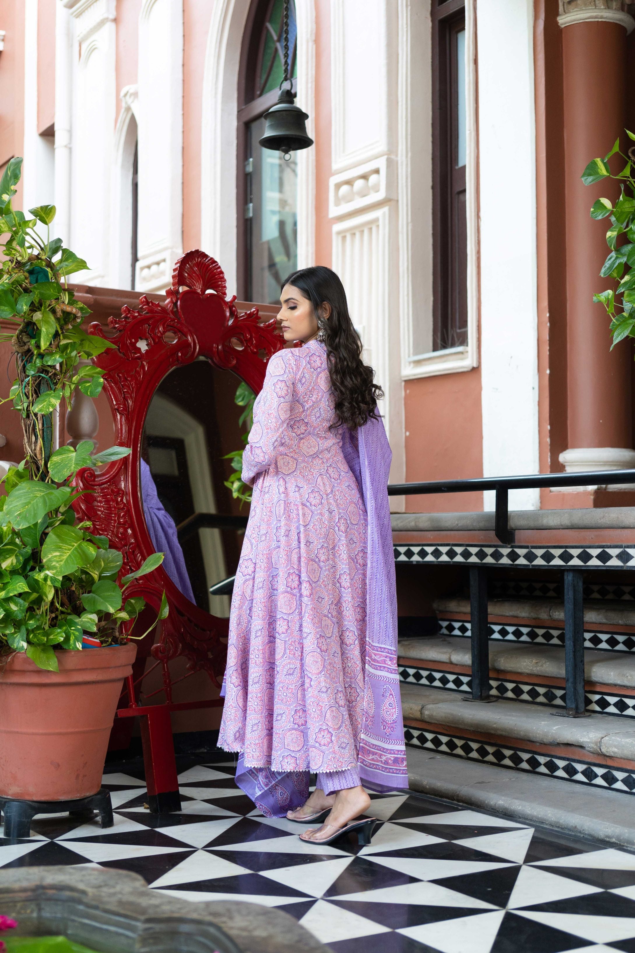 Lavender Pure Cotton Block printed Kurta set