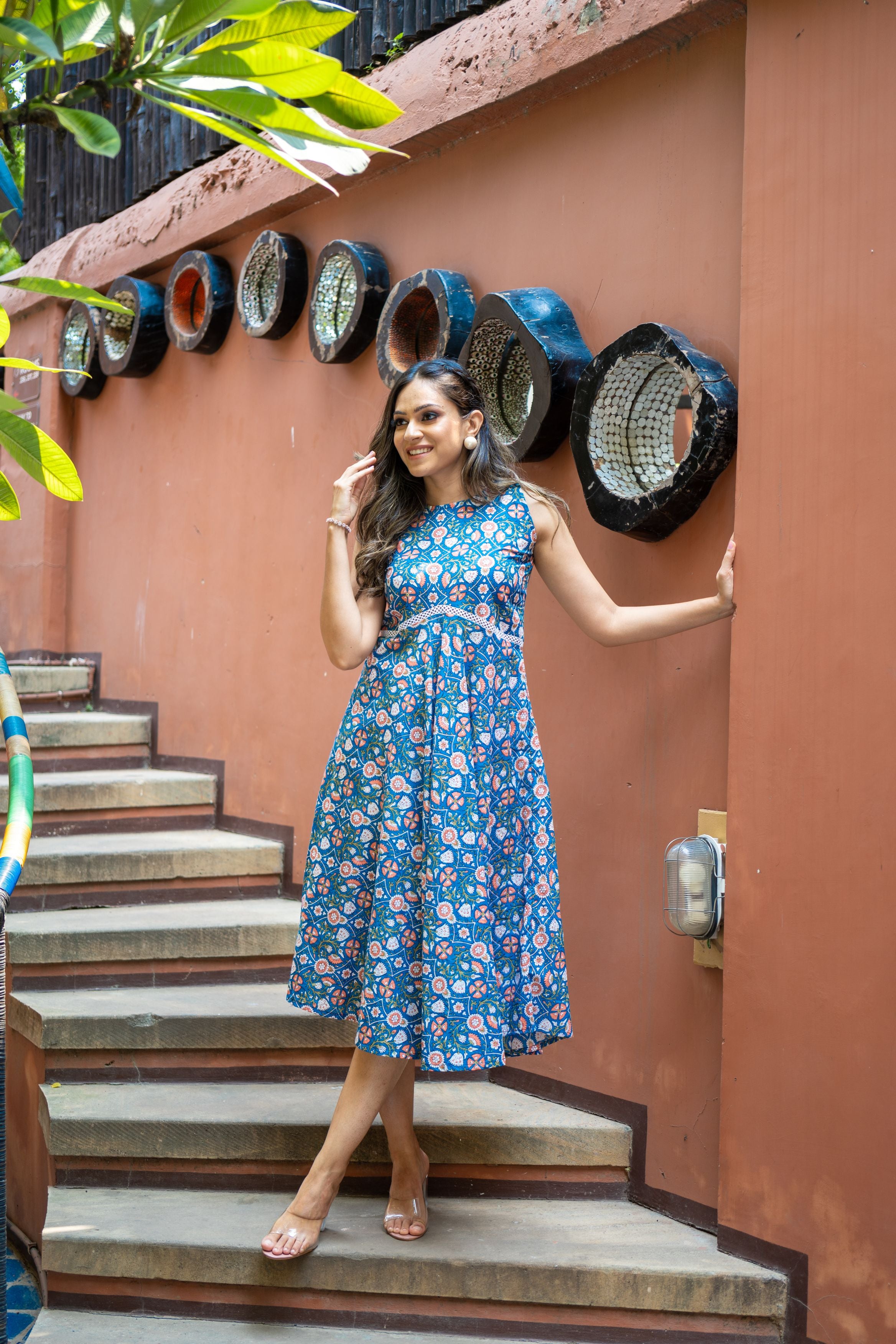 Dark Blue Pure Cotton Floral Dress – Weavllite