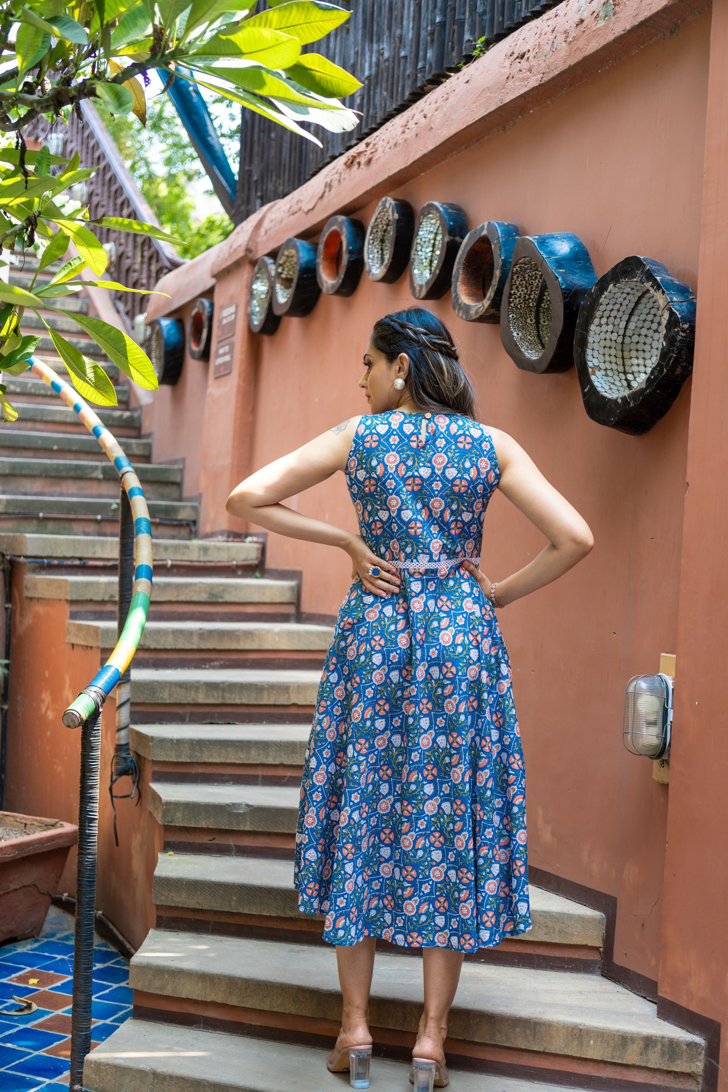 Dark Blue Pure Cotton Floral Dress – Weavllite