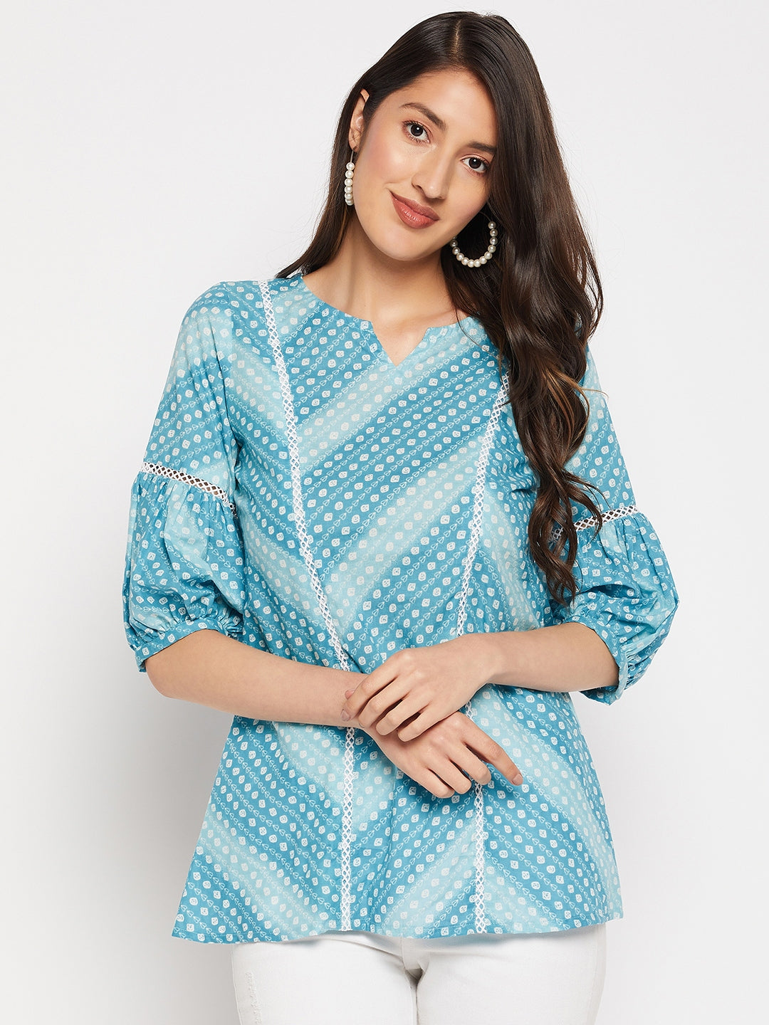 Blue Pure Cotton Cambric Floral Printed A-line Tunic