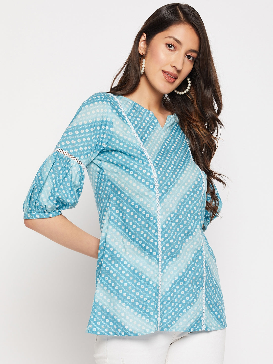 Blue Pure Cotton Cambric Floral Printed A-line Tunic