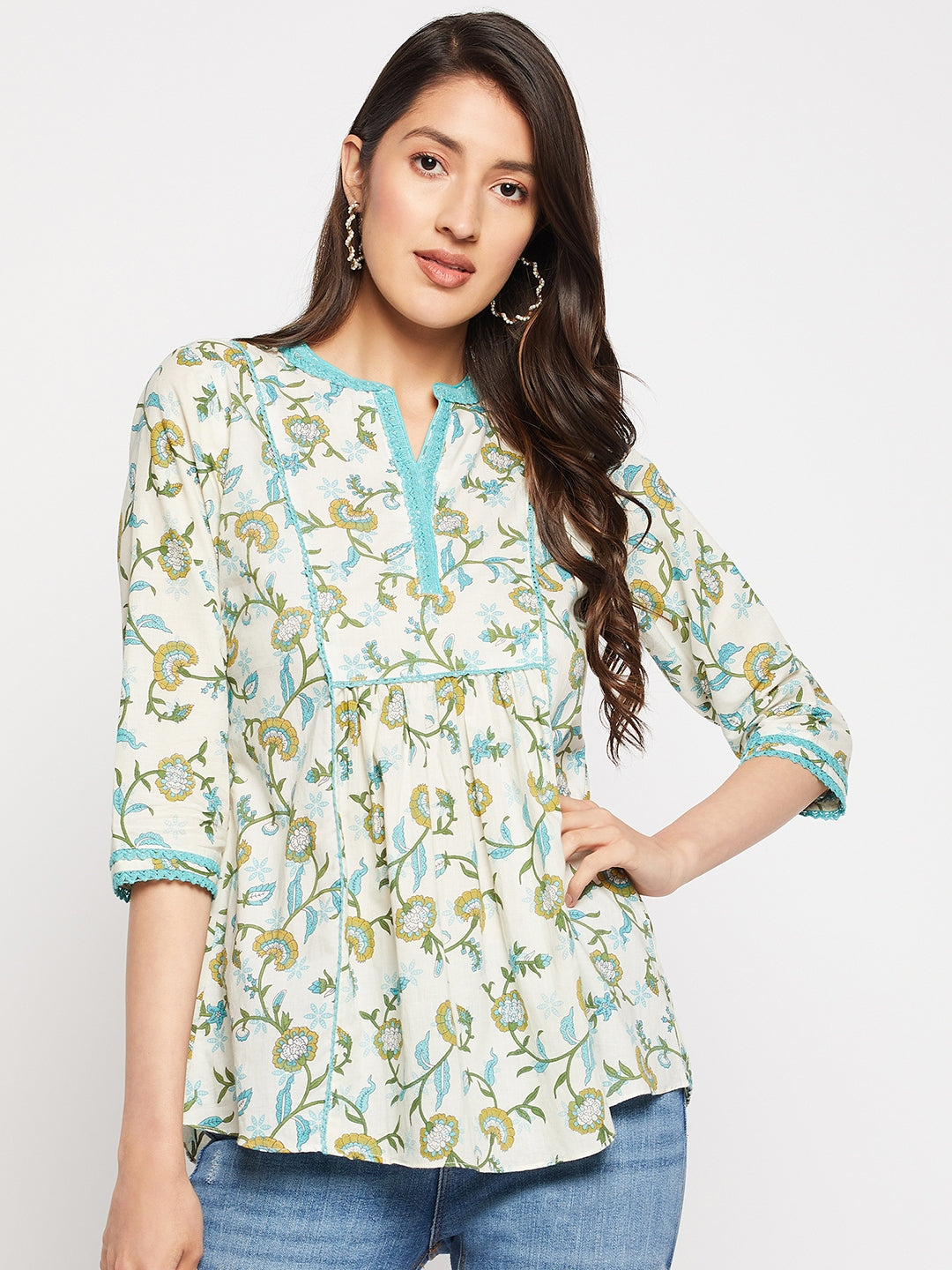 White Pure Cotton Cambric Floral Printed Flared Tunic