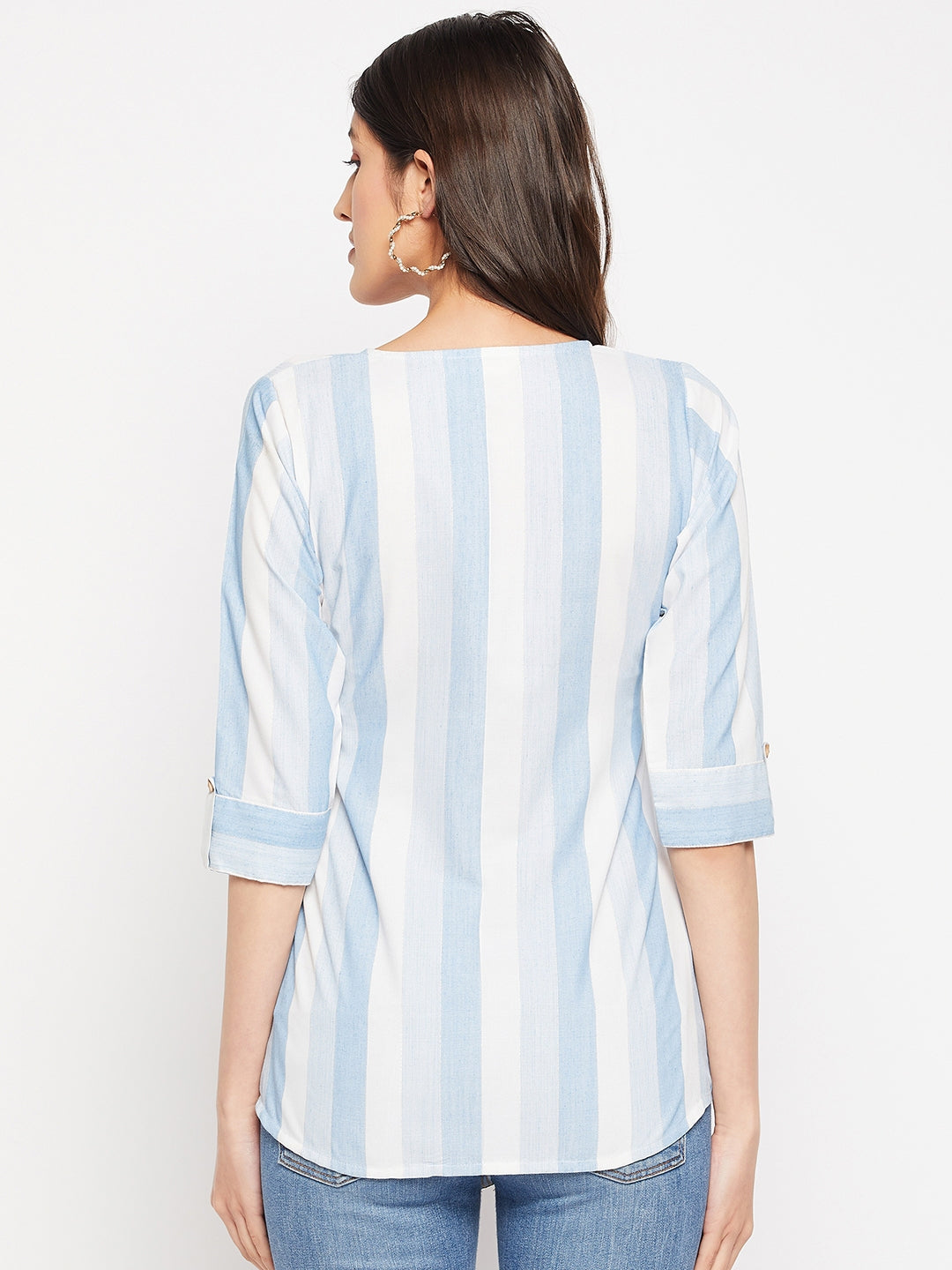 Blue Rayon Stripes Printed A-line Tunic