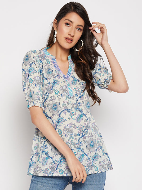 Multi-Color Pure Cotton Cambric Botanical Printed A-line Tunic