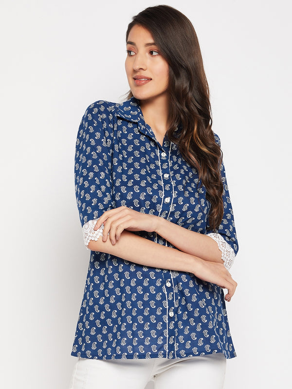 Blue Pure Cotton Cambric Paisley Printed A-line Tunic