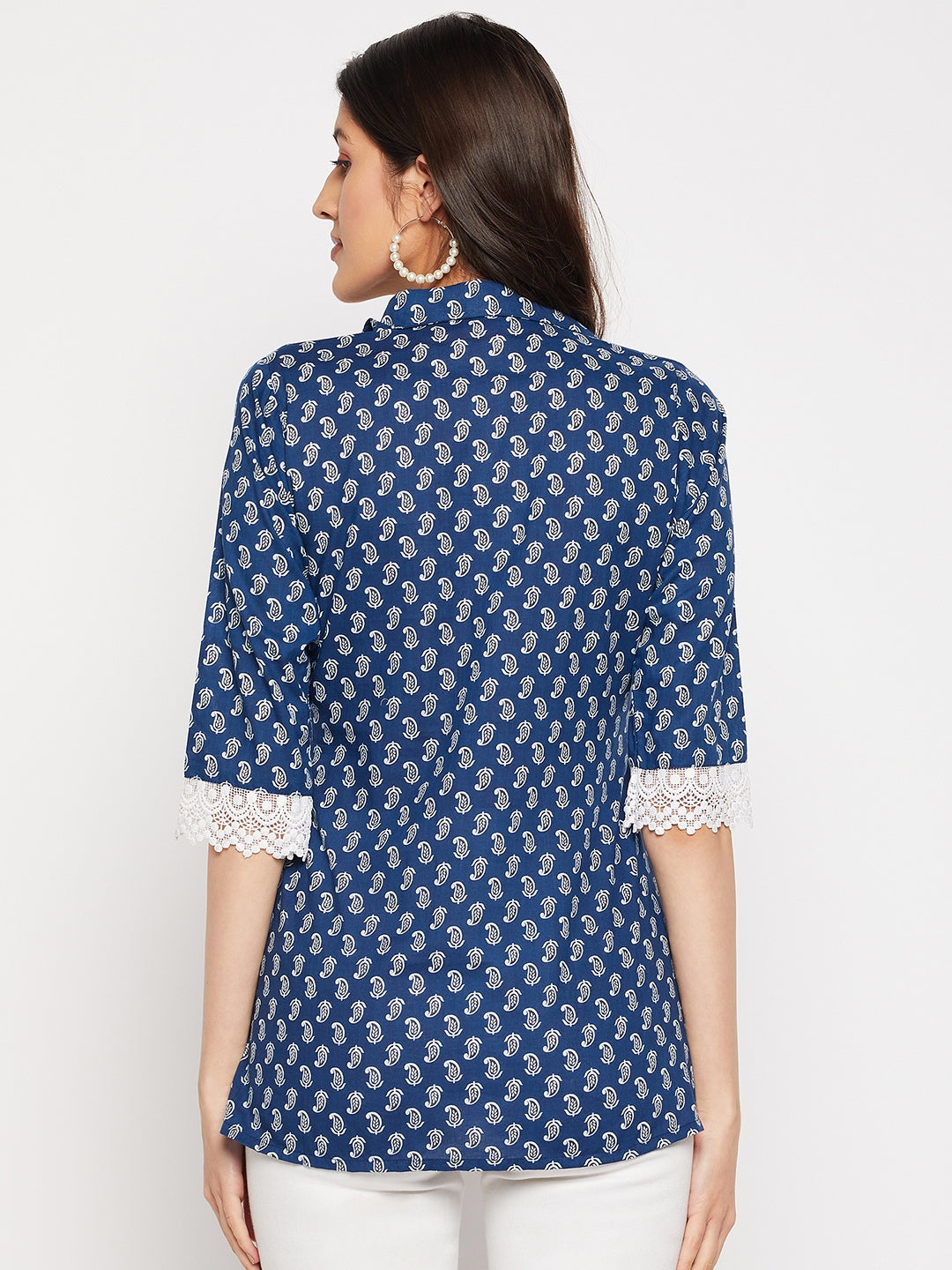 Blue Pure Cotton Cambric Paisley Printed A-line Tunic