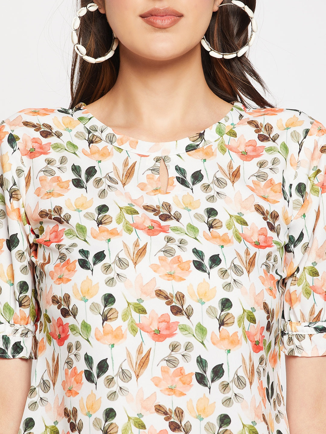 White Rayon Blend Floral Printed A-line Tunic