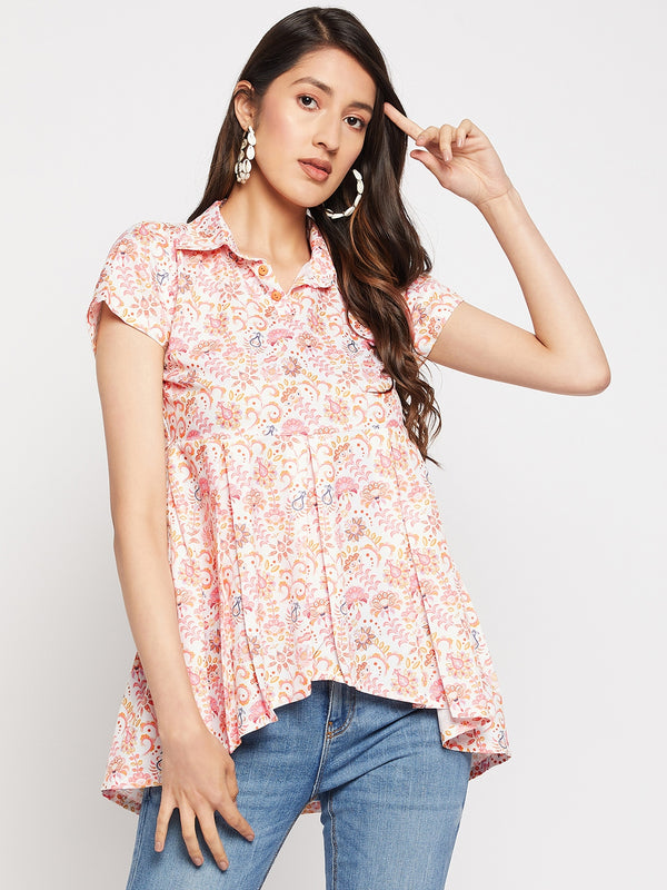 White Rayon Blend Floral Printed Shirt Style Flared Tunic