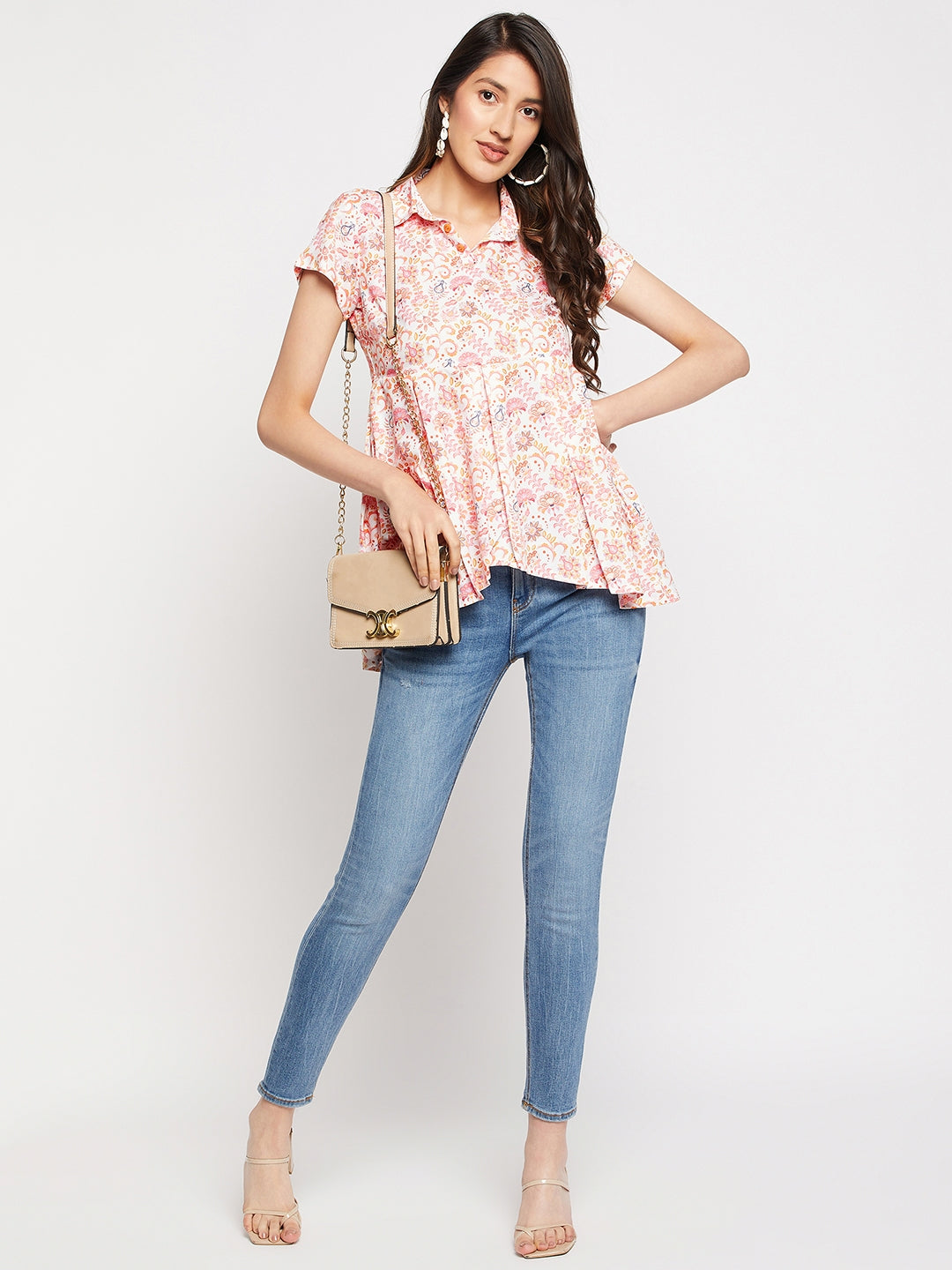 White Rayon Blend Floral Printed Shirt Style Flared Tunic